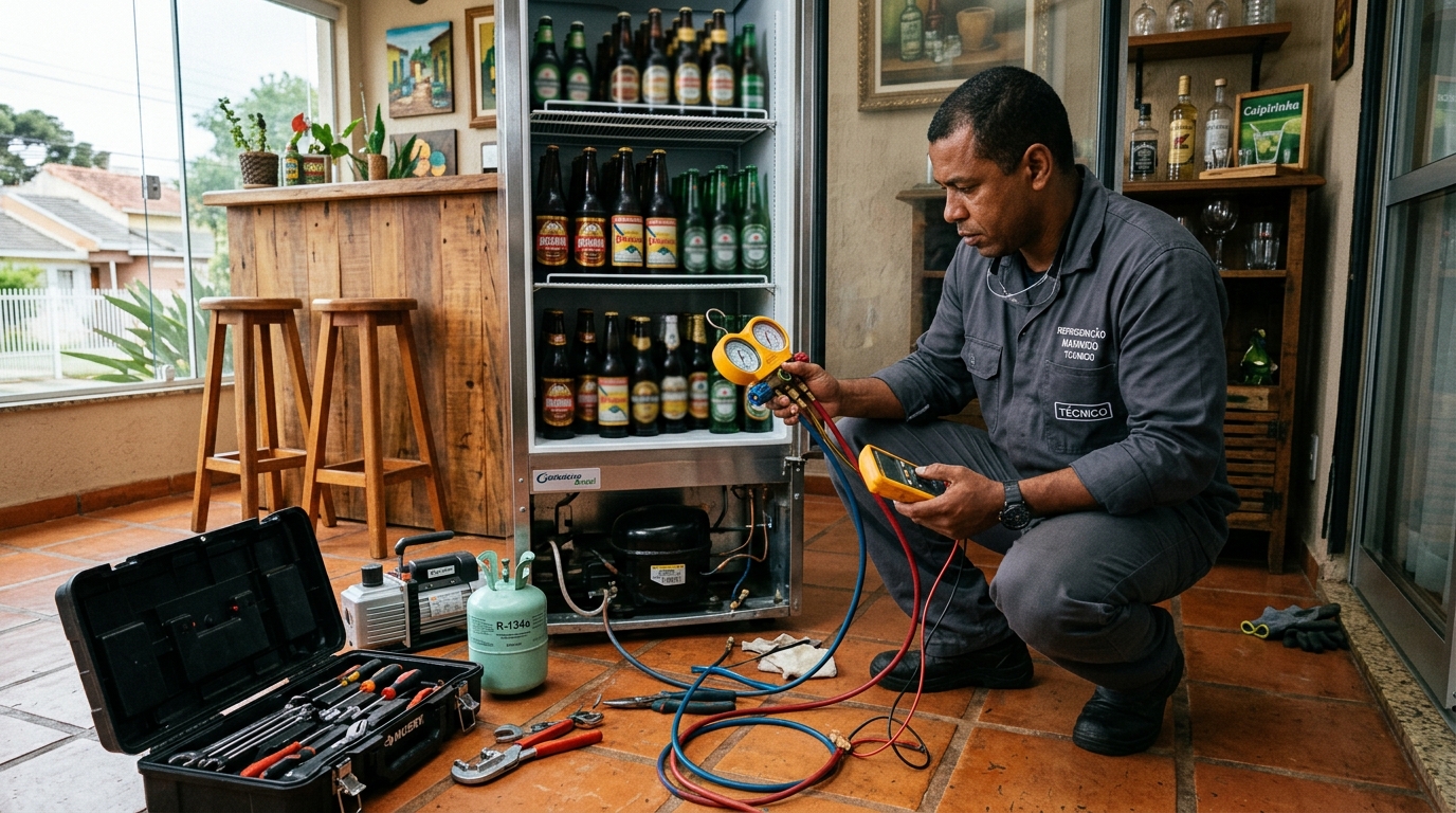 Técnico realizando manutenção de motor de cervejeira no Oitizeiro, João Pessoa‑PB