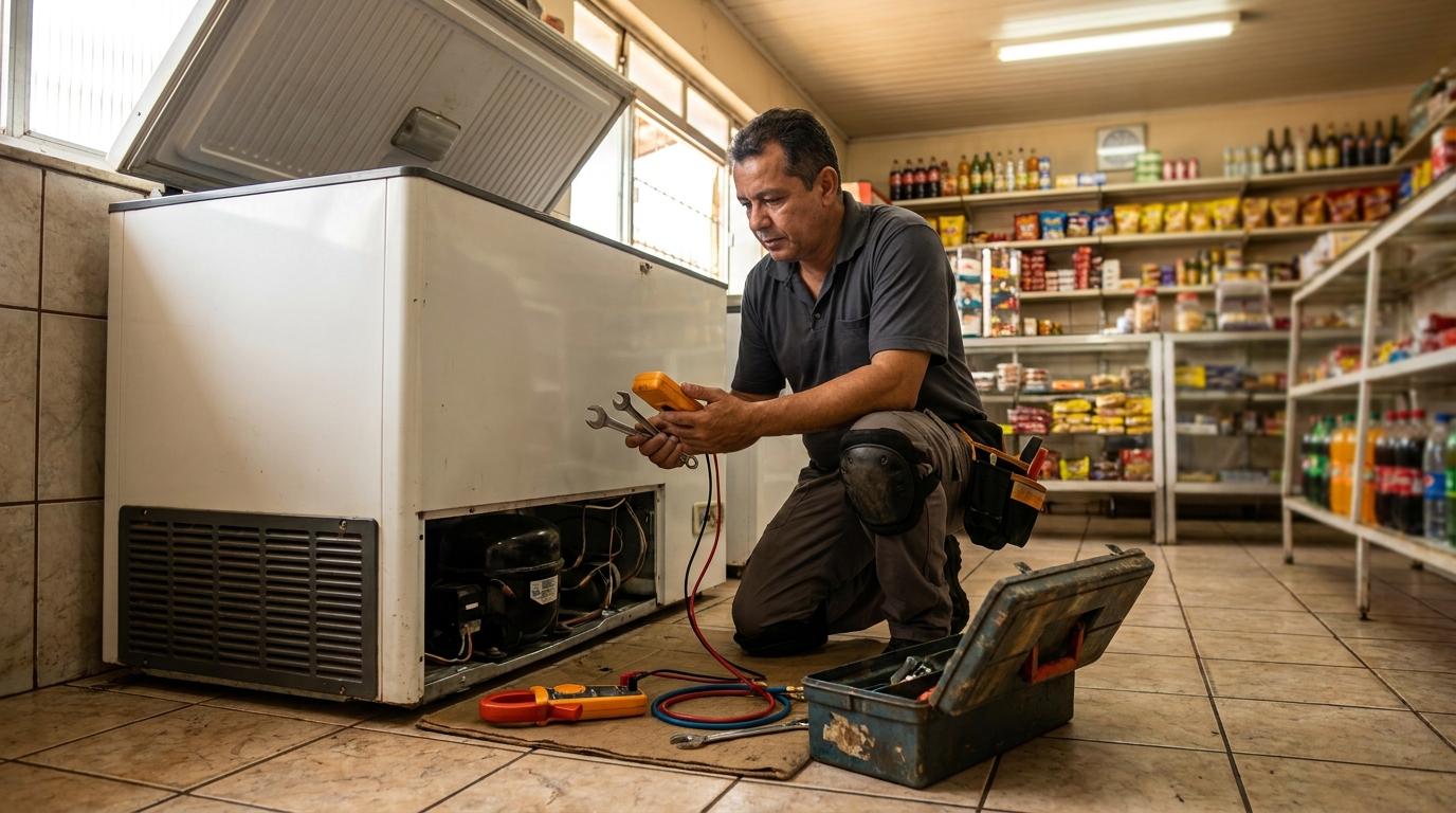 Técnico realizando manutenção de motor de freezer em João Pessoa‑PB