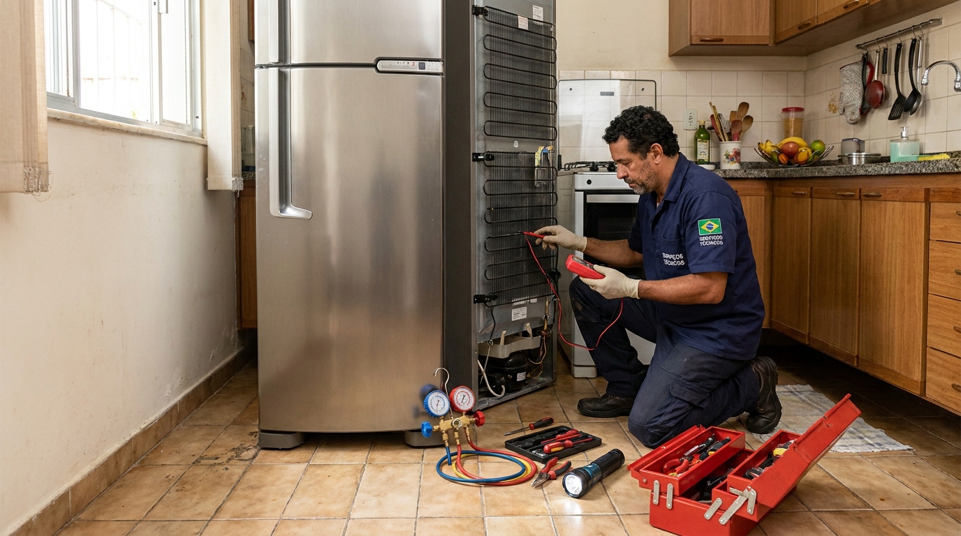 Técnico realizando manutenção de motor de geladeira no Brisamar, João Pessoa‑PB