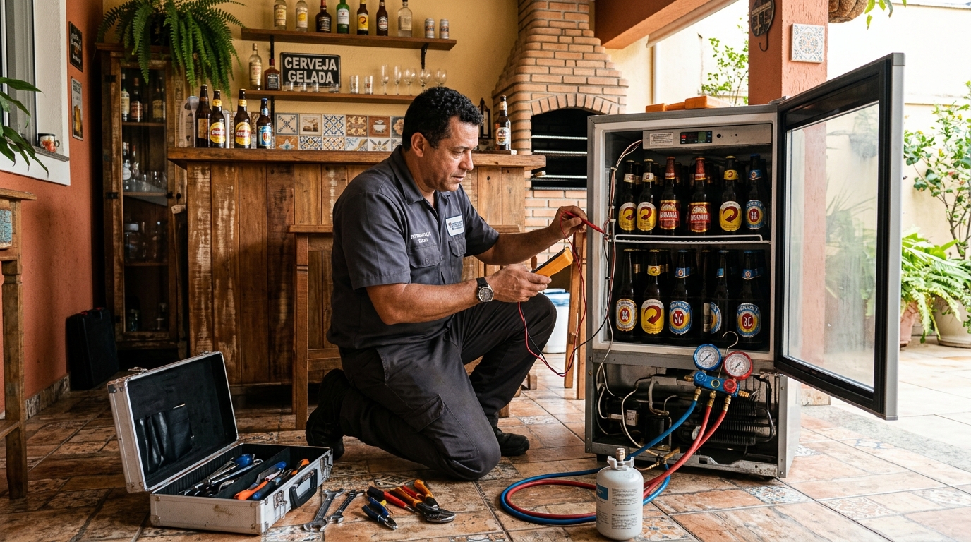 Recarga de gás refrigerante em cervejeira em atendimento no Oitizeiro, João Pessoa‑PB