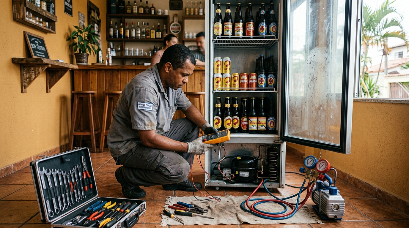Troca de termostato de cervejeira em atendimento técnico no Oitizeiro, João Pessoa‑PB